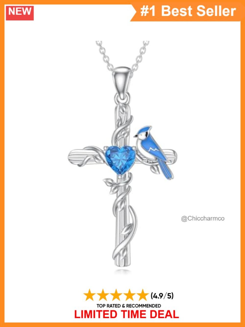 Sterling Silver Blue Jay Cross Pendant Necklace Natural Swiss Blue Topaz